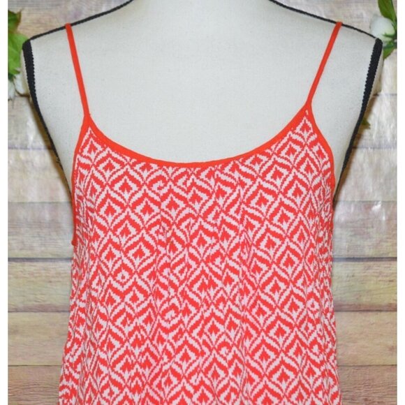 Entro Red & White Summer Mini Dress Size L Geo Pattern Rayon Adjustable Spaghett - Picture 2 of 11